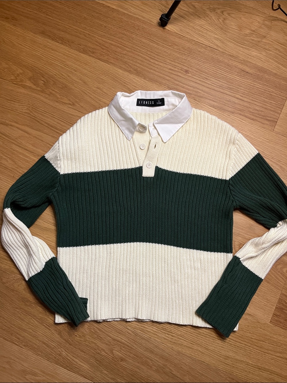 Lioness Prince Rugby Top Green and Cream Knit Polo Sweater size S